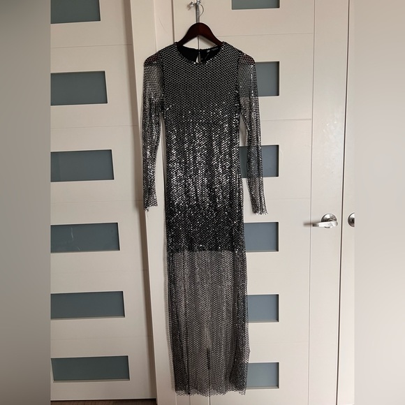 Zara Black Mesh Silver Sequins see through long sleeve maxi dress M - Picture 3 of 8